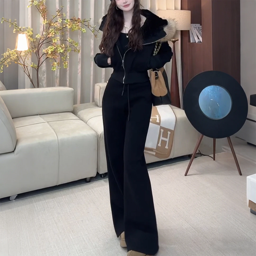 巨好看黑色外套休闲长裤两件套女秋冬季新款高级漂亮加绒保暖套装