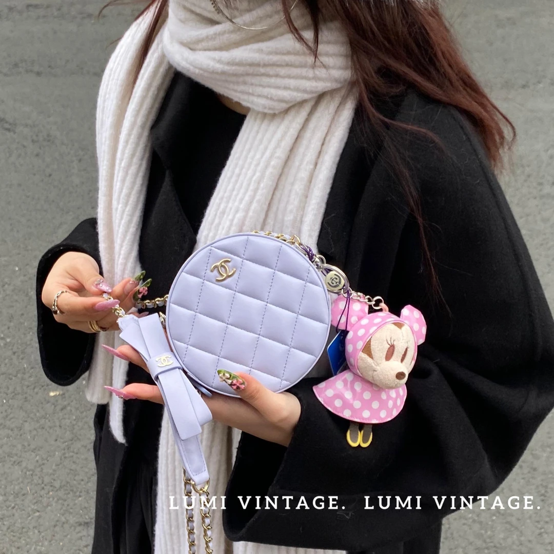 95新 Chanel/香奈儿 21k香芋紫蝴蝶结圆饼单肩包25401013