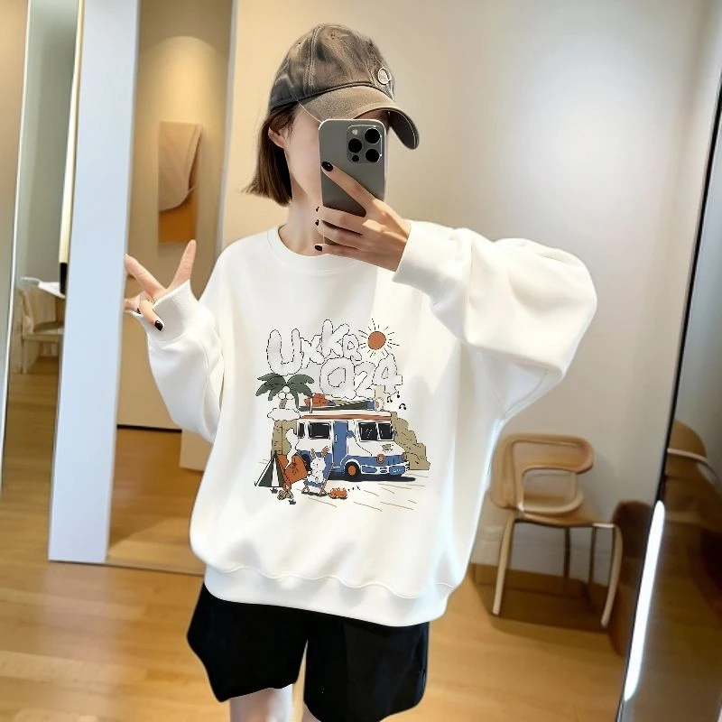 白色圆领卫衣秋冬大码女款爆款2025新款洋气加绒长袖外套上衣服女