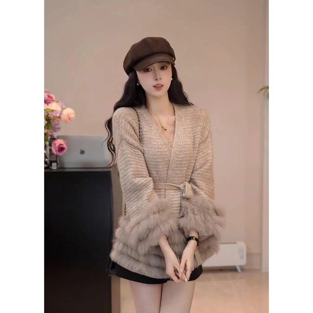 YUANLIANSU/圆脸酥【影月春风】法式高级感气质拼接绑带针织外套女