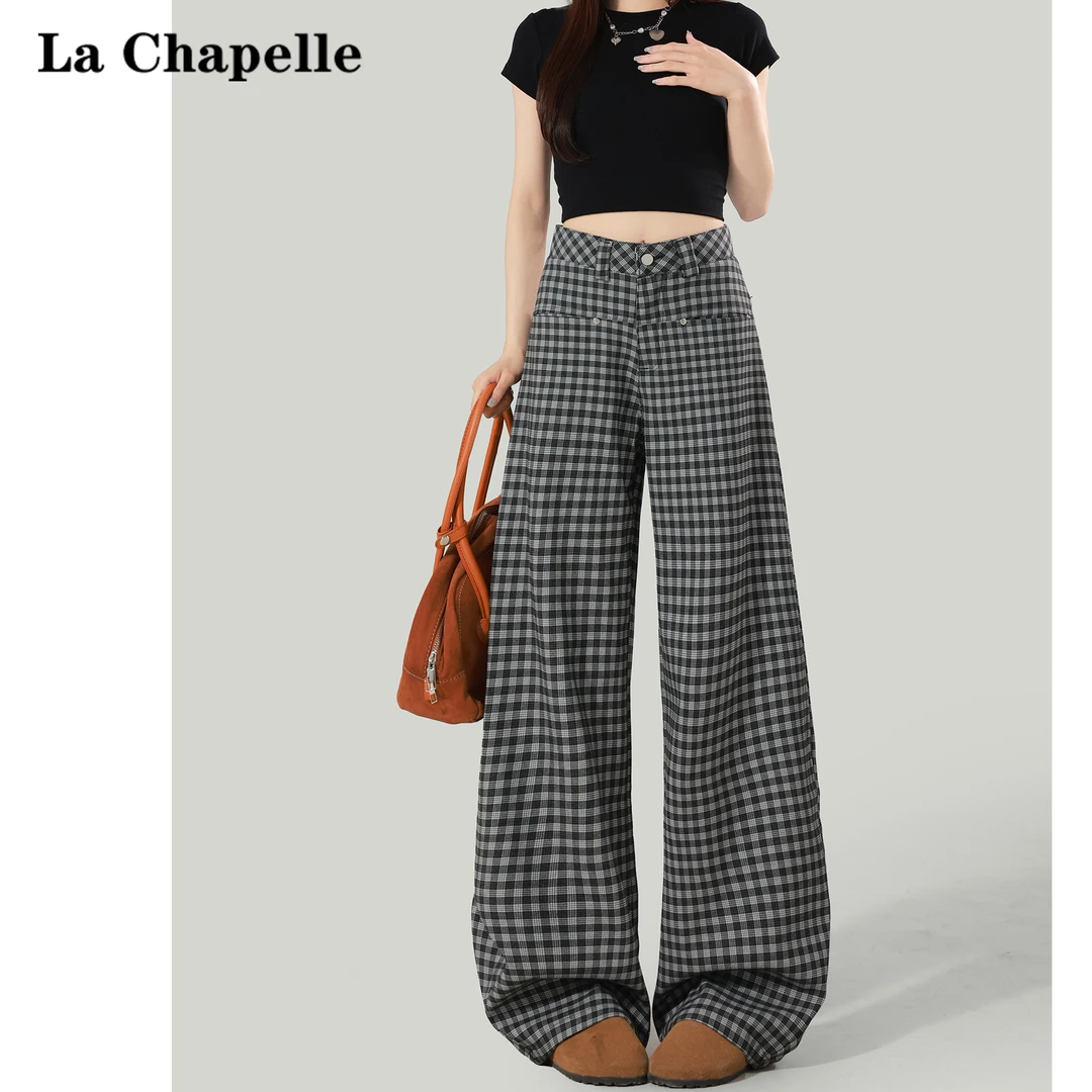 拉夏贝尔美式复古格子休闲裤女2025夏季薄款高腰慵懒直筒弯刀裤子