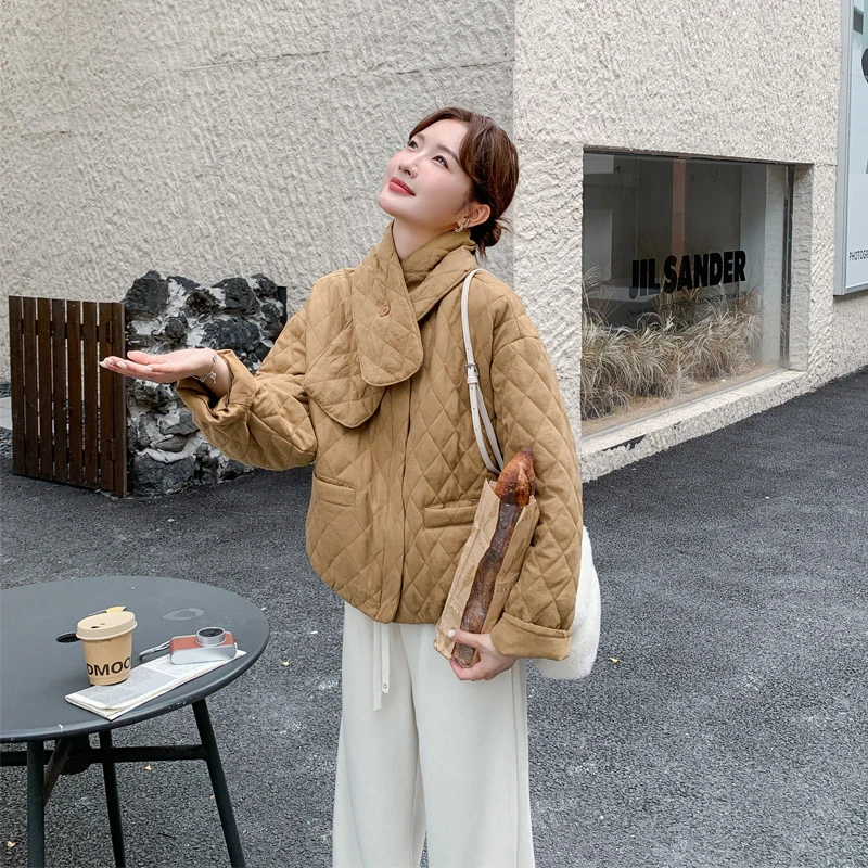 韩系ins风菱形格棉服女2025冬季新款小众极简百搭配围脖短款棉衣