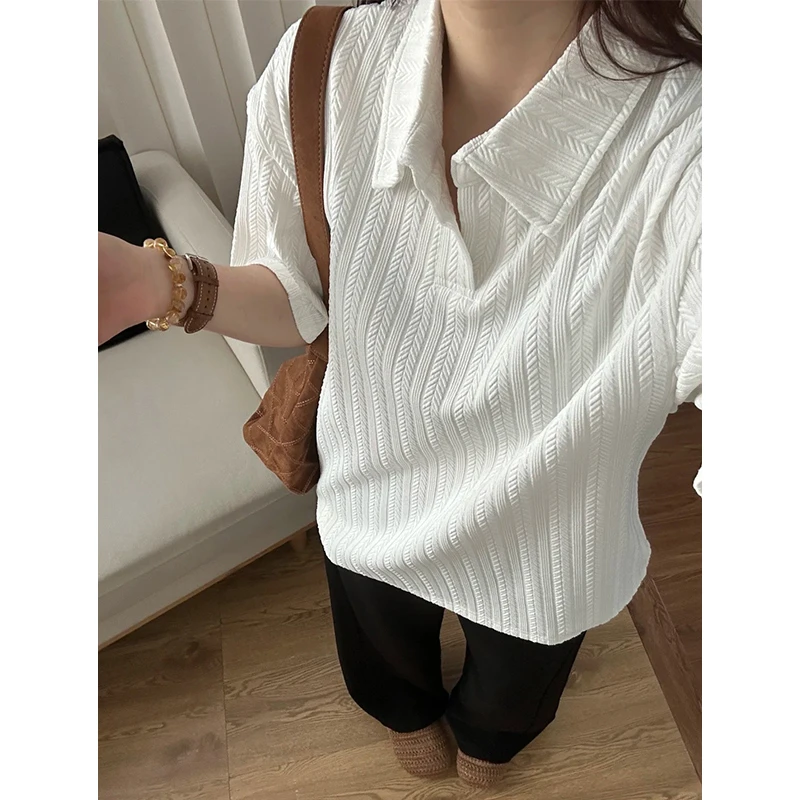 白色麦穗纹肌理感Polo衫男款夏季高级感冰丝短袖宽松透气翻领T恤