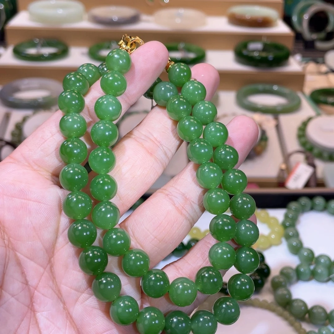 颈饰未镶嵌和田玉收藏级碧玉果阳绿女神链卡10