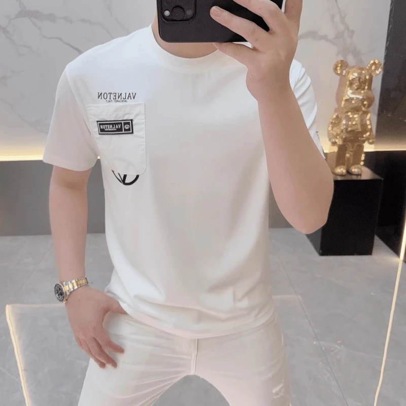 2025夏季潮牌欧货男士短袖T恤简约字母印花时尚百搭薄款圆领上衣