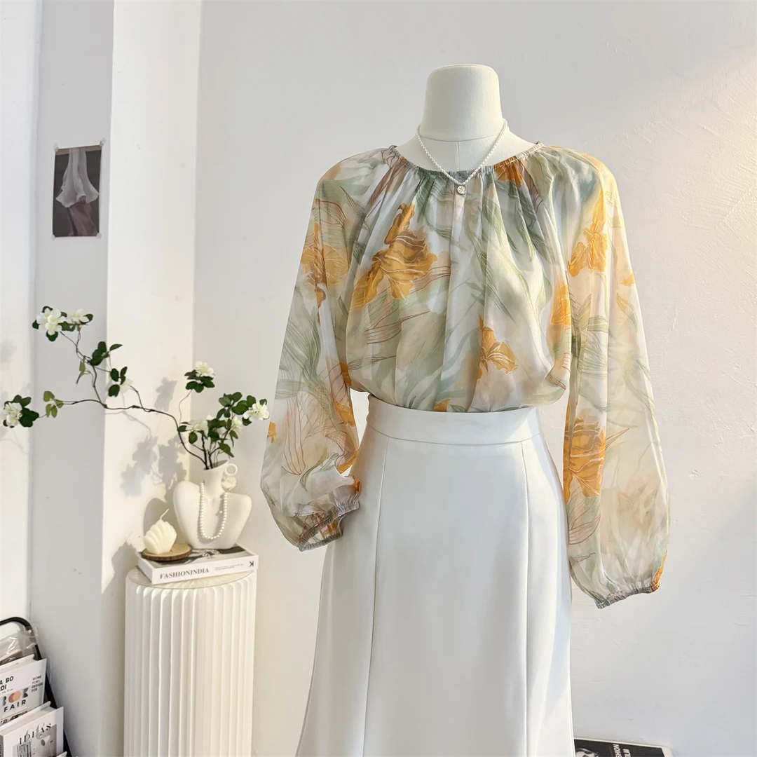 法式复古印花圆领长袖衬衫女2025秋季新款宽松灯笼袖气质小衫上衣