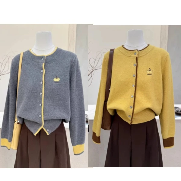 韩系百搭高级小众南瓜刺绣拼色宽松显瘦保暖针织开衫女外套W049