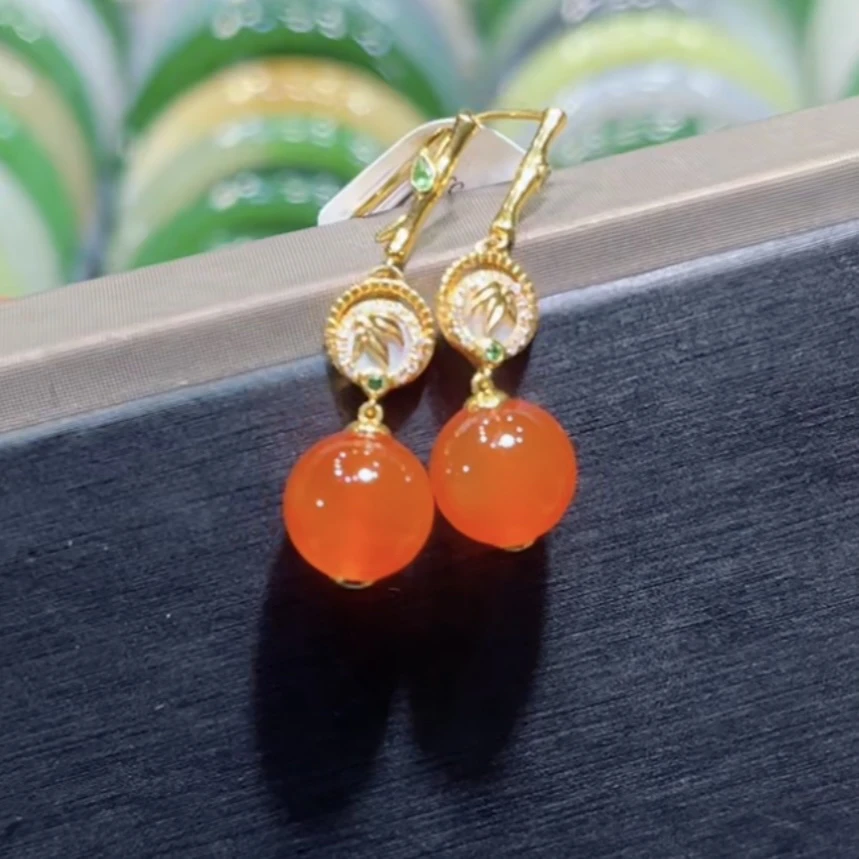 保山河湾冰红南红耳坠18k金镶嵌