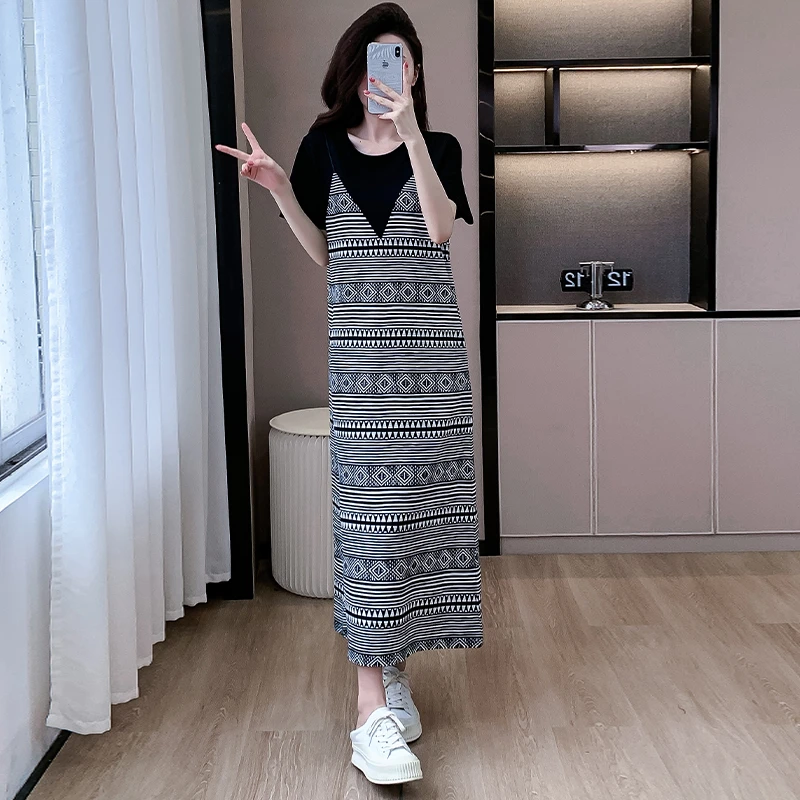 大码韩系设计感拼接连衣裙夏季法式气质高端精致显瘦中长裙9371