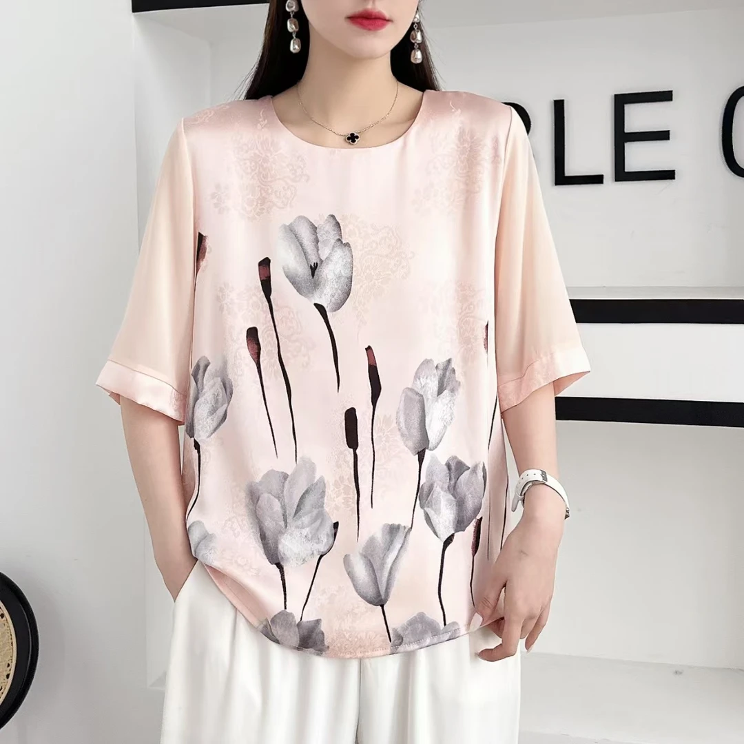 妈妈夏装套装中年女士印花短袖T恤中老年人女夏季上衣105