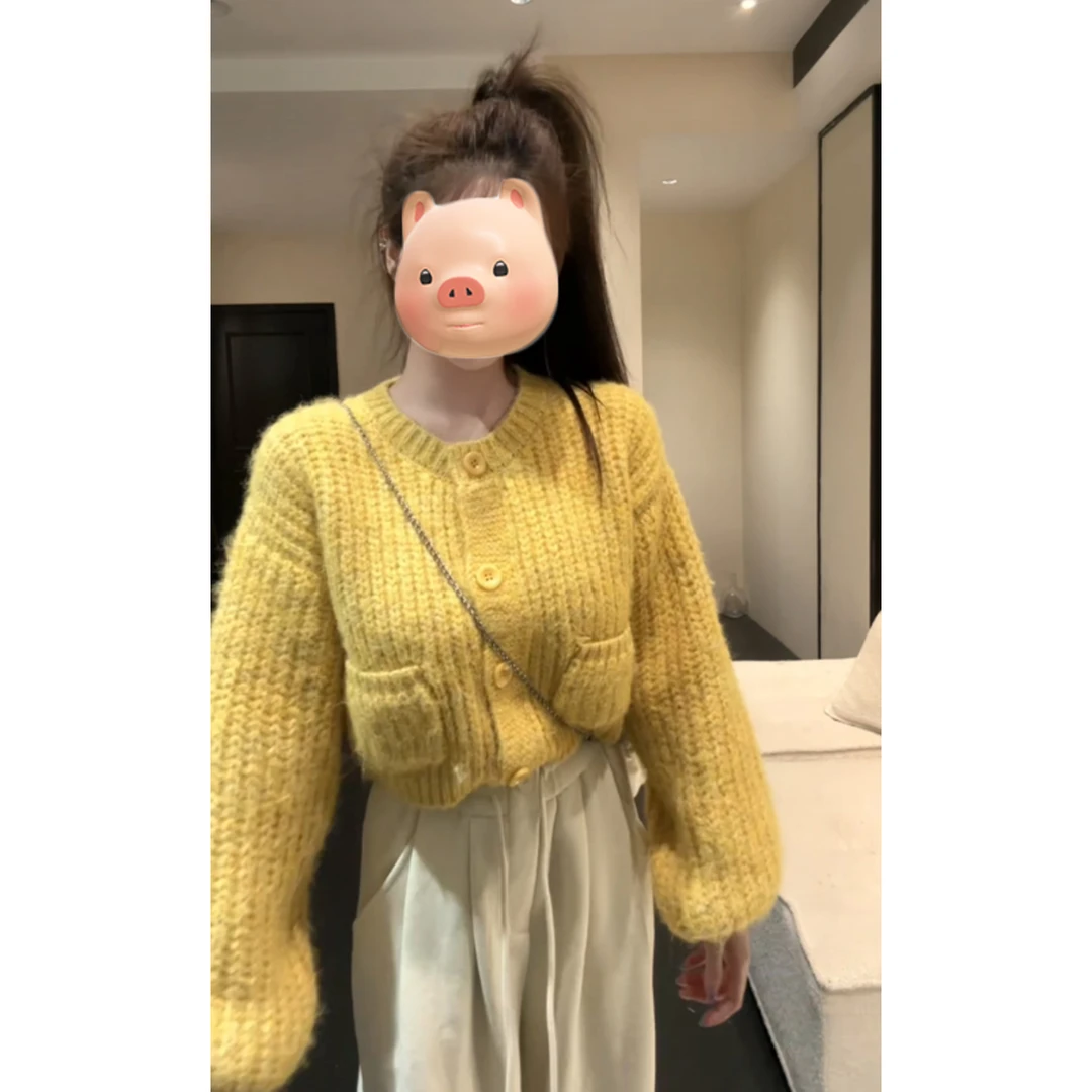 黄色圆领长袖针织开衫女秋冬外搭慵懒风毛衣外套独特漂亮早秋上衣