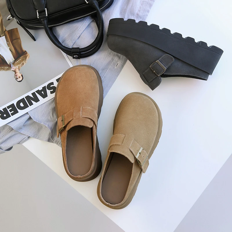 2025新款春夏单鞋女包头半拖一脚蹬软皮乐福鞋勃肯鞋厚底复古百搭