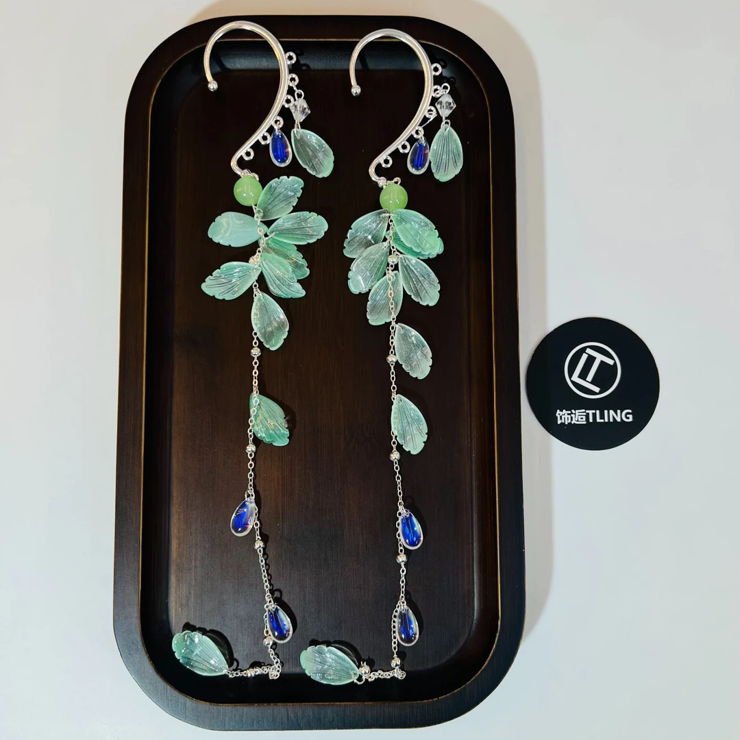 后花园耳挂，原创薄荷绿琉璃水晶超仙长流苏耳挂发饰头饰(9420)