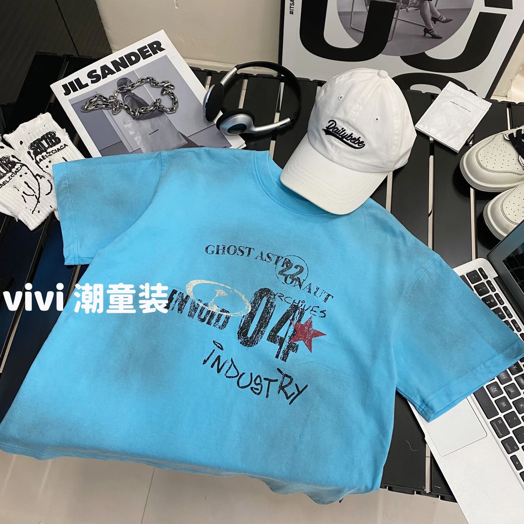 VIVI童装 2025夏季潮牌中大童蓝色印花水洗短袖T恤