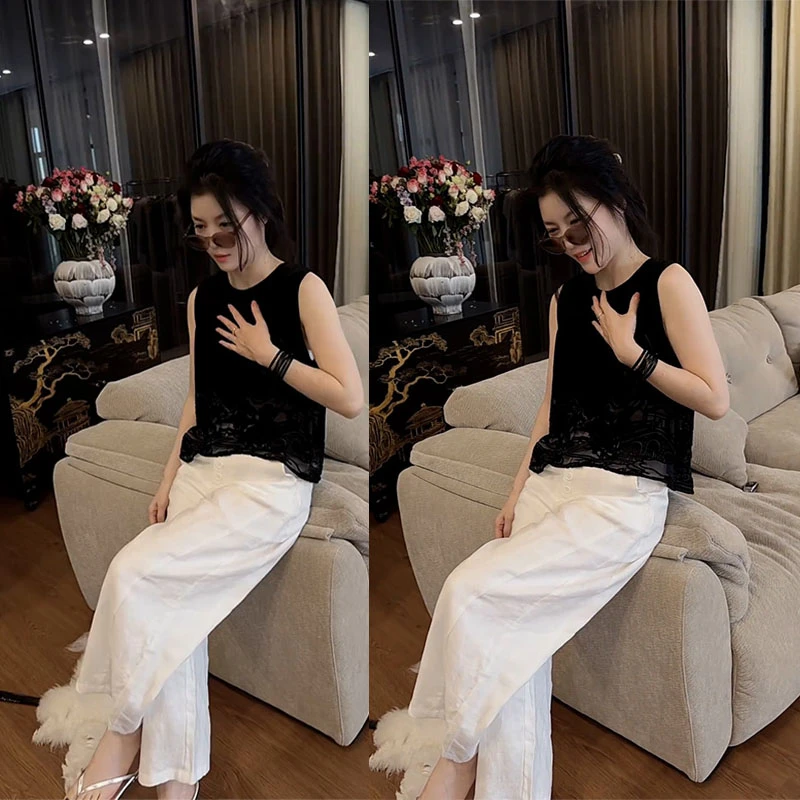 夏装时尚减龄丝绒提花国风设计感无袖上衣休闲阔腿裤气质两件套装