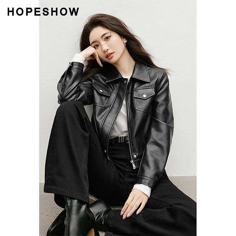 红袖春季2025新款女装 复古机车风拉链翻领短皮衣外套90125020403