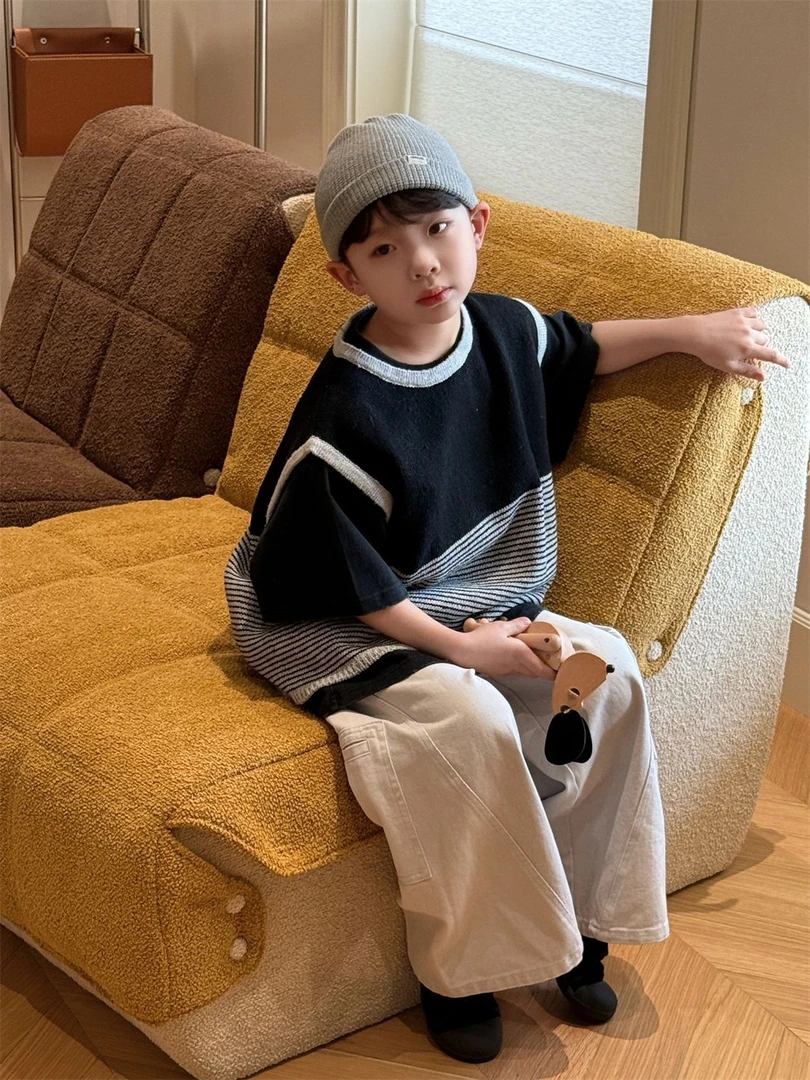 【小石头剪刀布】2025春款韩版园领拼色马夹男童洋气针织背心