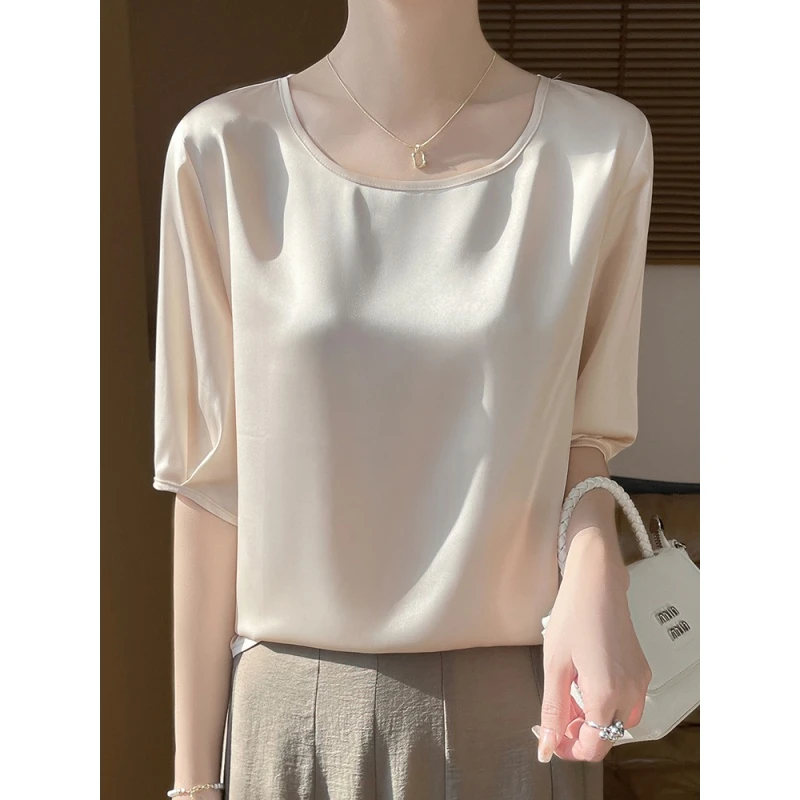 透气2025春夏季新女装圆领宽松纯色醋酸缎面百搭恤上衣A2