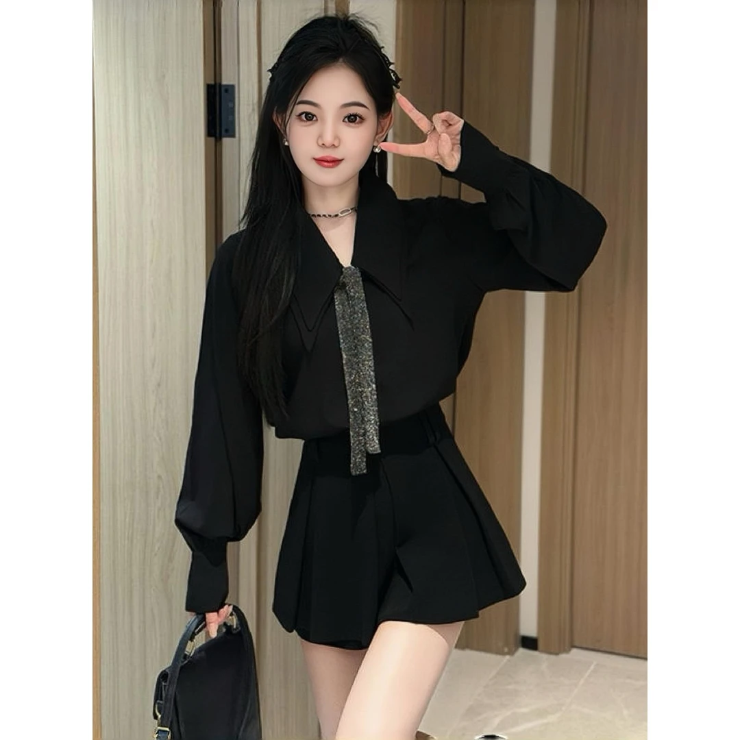 高级感宽松慵懒风洋气长袖双层领配领带黑色衬衫上衣半身裙套装女