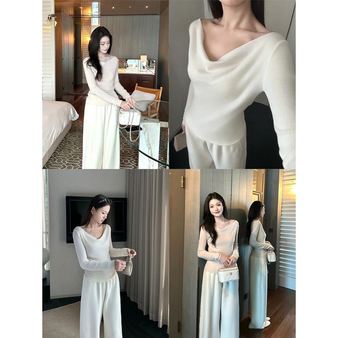 【5werkwen 9.22新品95折】淡人氧气 30羊毛荡领斜肩两穿打底上衣