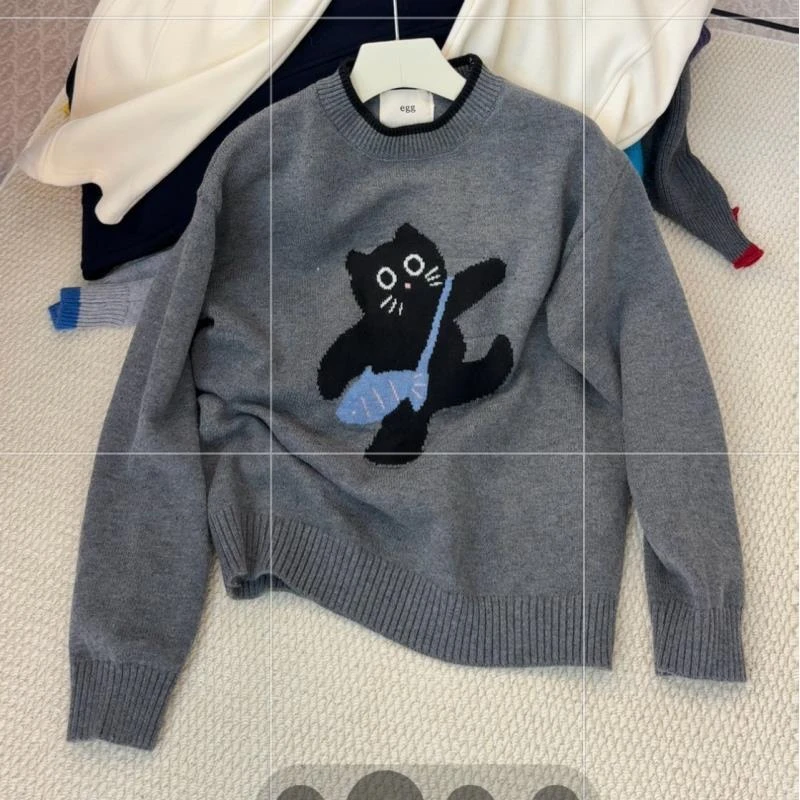 韩系灰色提花散步猫针织毛衣百搭上衣Q51