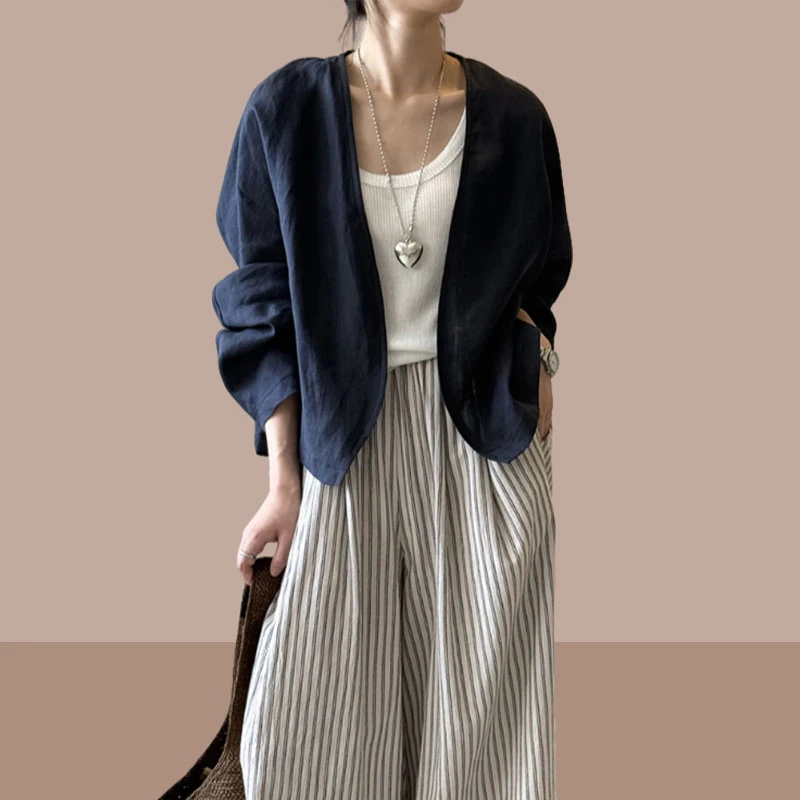 秋装时尚新款高级感苎麻开衫外套+条纹直筒慵懒风高腰阔腿裤套装