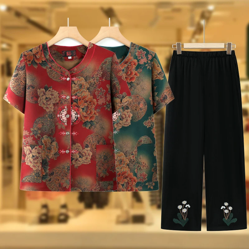 洋气妈妈装短袖衬衫中老年人夏装女上衣奶奶装时尚小衫老太太套装