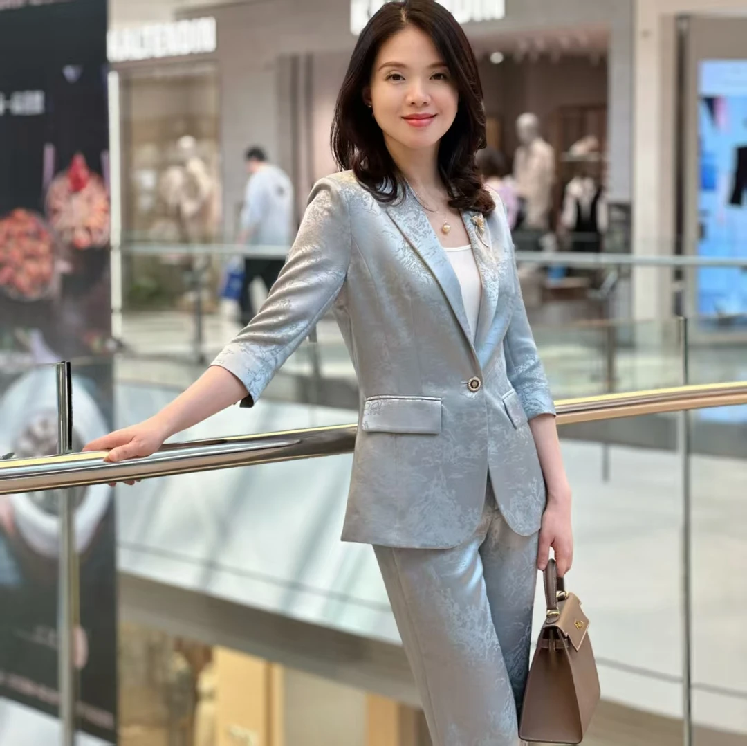 新款上新七分袖三醋酸薄款韩版修身提花西服套装48078