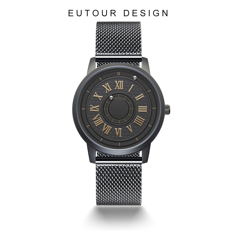 EUTOUR罗马系列 磁力悬浮走珠无指针虫洞概念男款石英七夕腕表