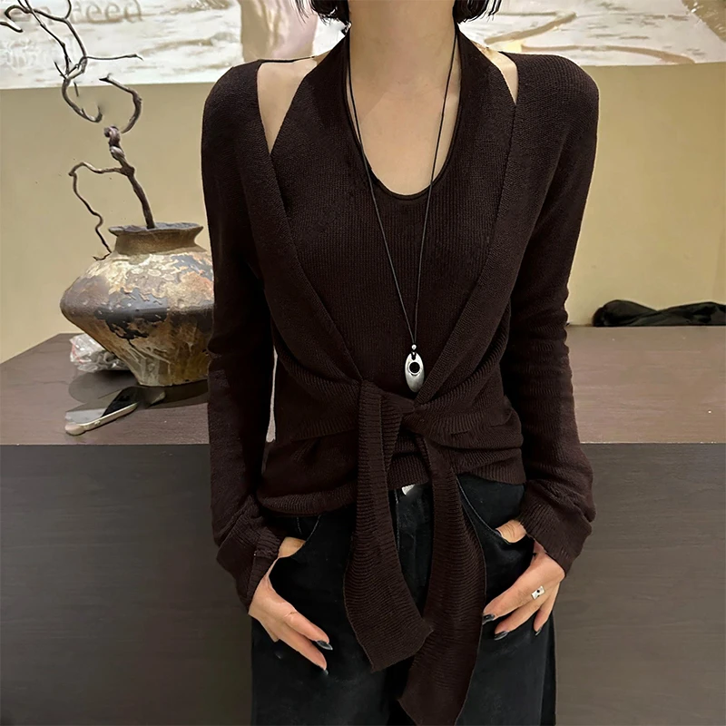 2025早秋新款韩版设计感假两件针织衫显瘦小众百搭长袖针织衫女