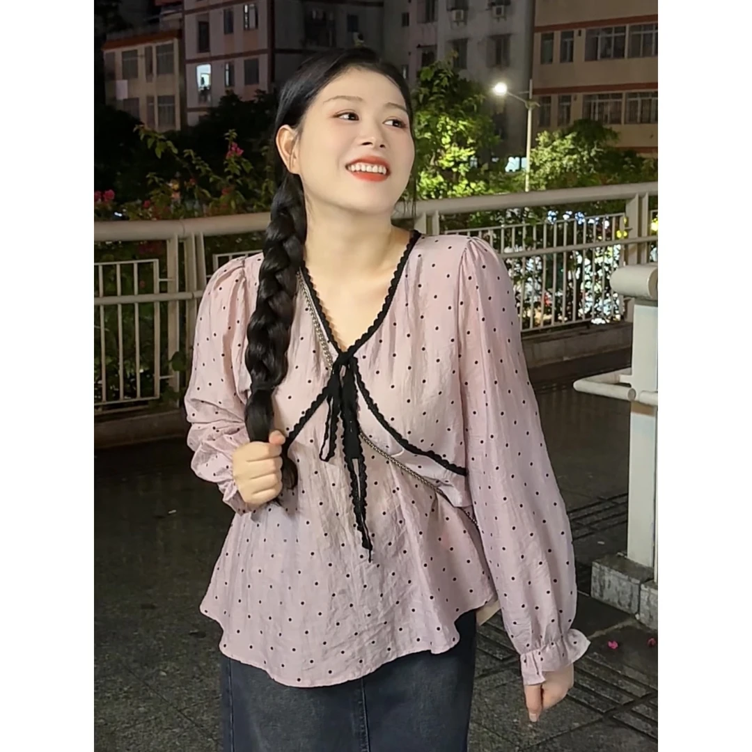 秋装新款大码女装设计感蕾丝边V领系带长袖秋季韩版宽松显瘦上衣