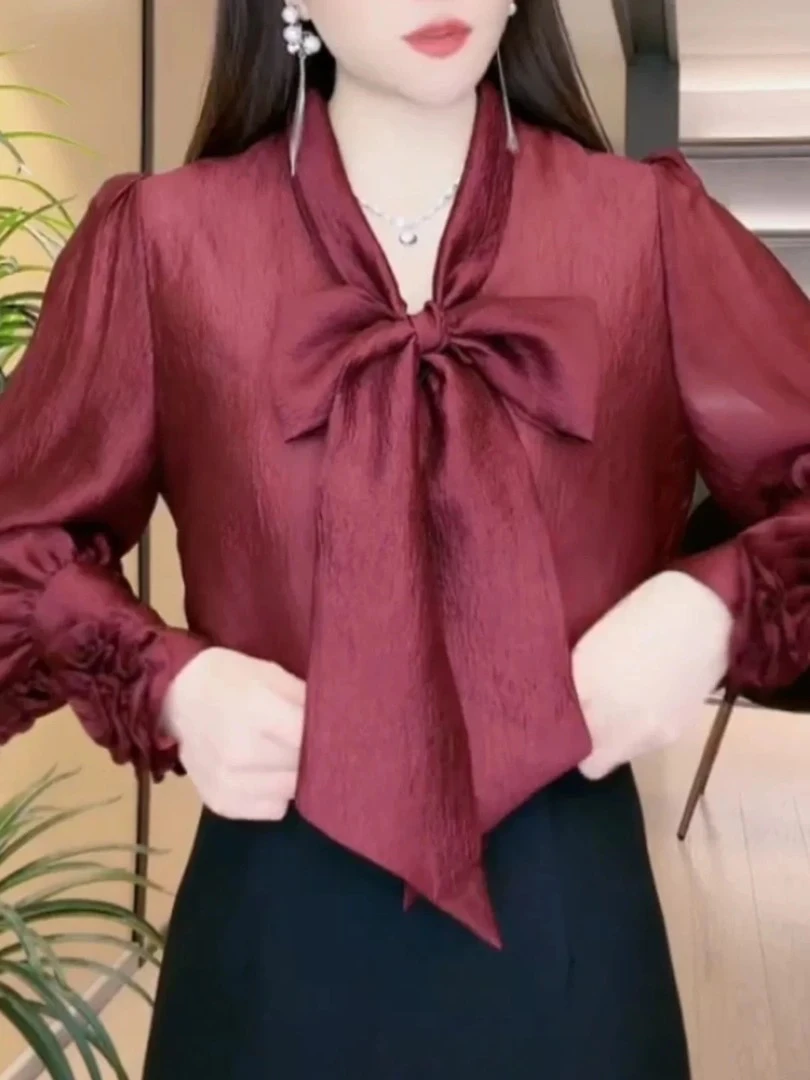 气质精致红长袖高级感套头衬衫胖mm大码女装轻奢时尚修身百搭上衣