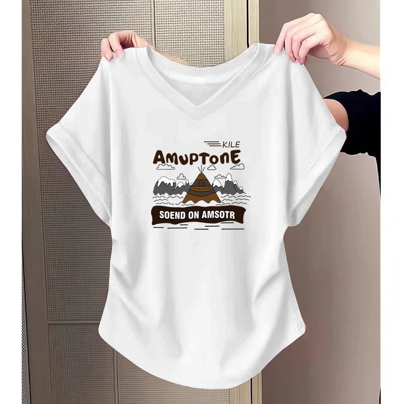 大码胖mm不规则圆弧下摆V领短袖T恤女夏季设计感修身显瘦抽褶上衣