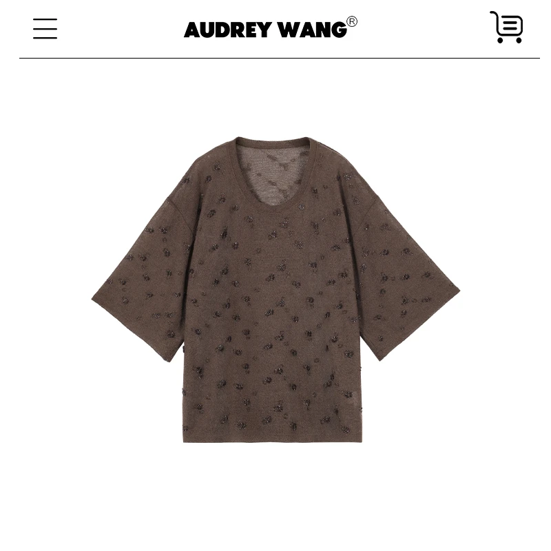 AUDREYWANG纯棉咖色珠花落肩七分袖T恤12970