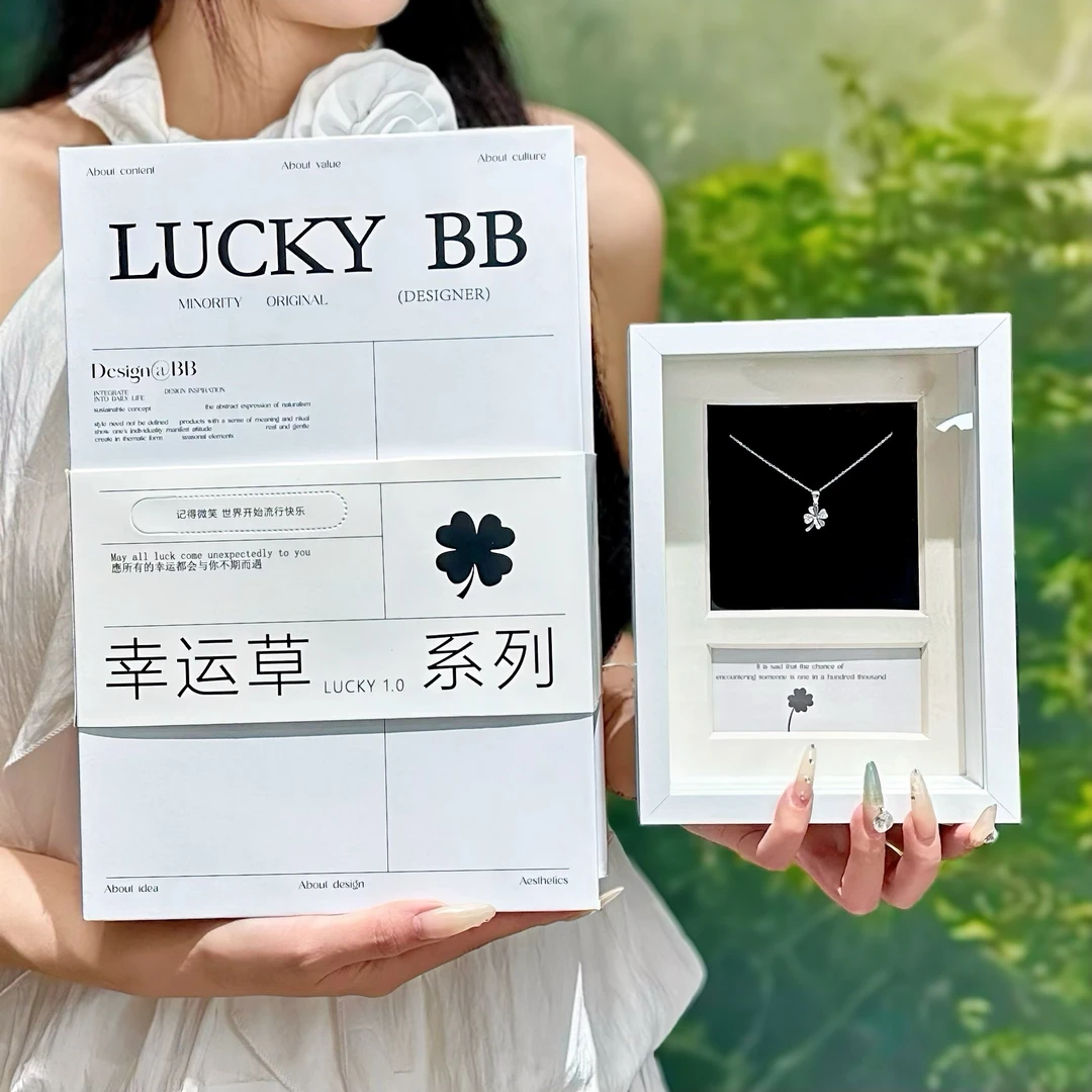坠链均925银锆石 幸运四叶草项链七夕送女友时尚生日礼物礼盒包装