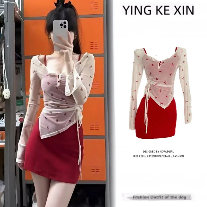 纯欲辣妹套装显瘦红色吊带连衣裙女夏季长袖不规则防晒罩衫两件套