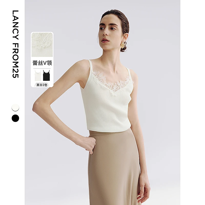 朗姿v领蕾丝拼接修身双色吊带2025年夏季新款高级感百搭无袖上衣