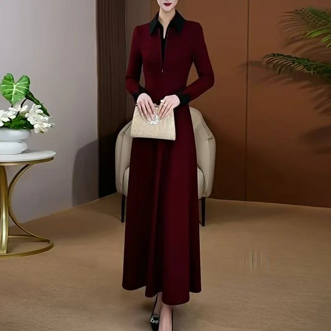 深酒红连衣裙秋季新款时尚设计感原创气质大摆长裙5595#