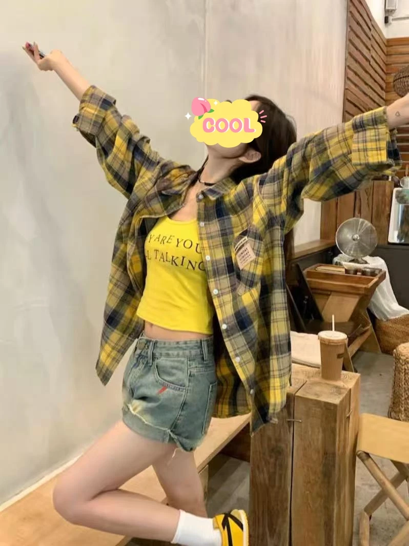 大码港风套装复古格子衬衫字母吊带背心上衣两件套9268#