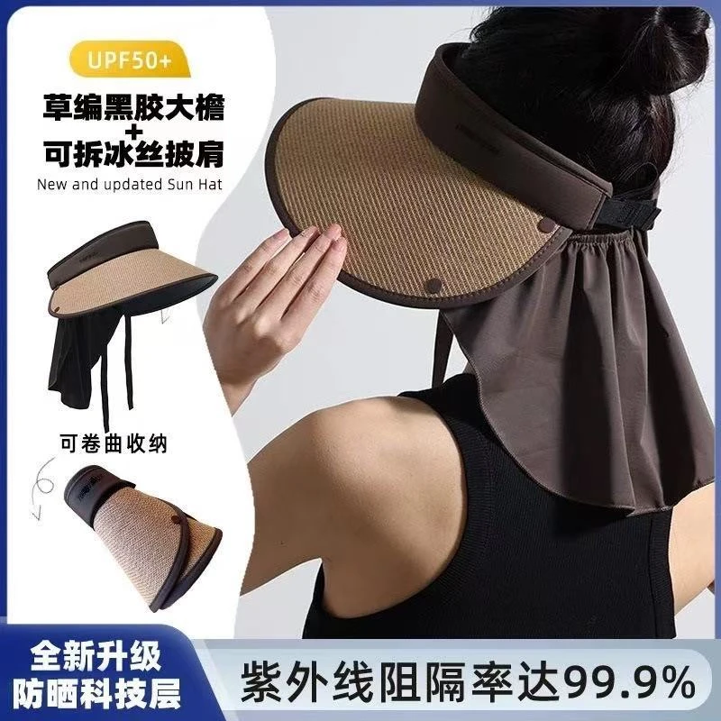 护肩遮阳帽加大帽檐防晒帽女夏护夏季紫外线草编空顶太阳帽壳子