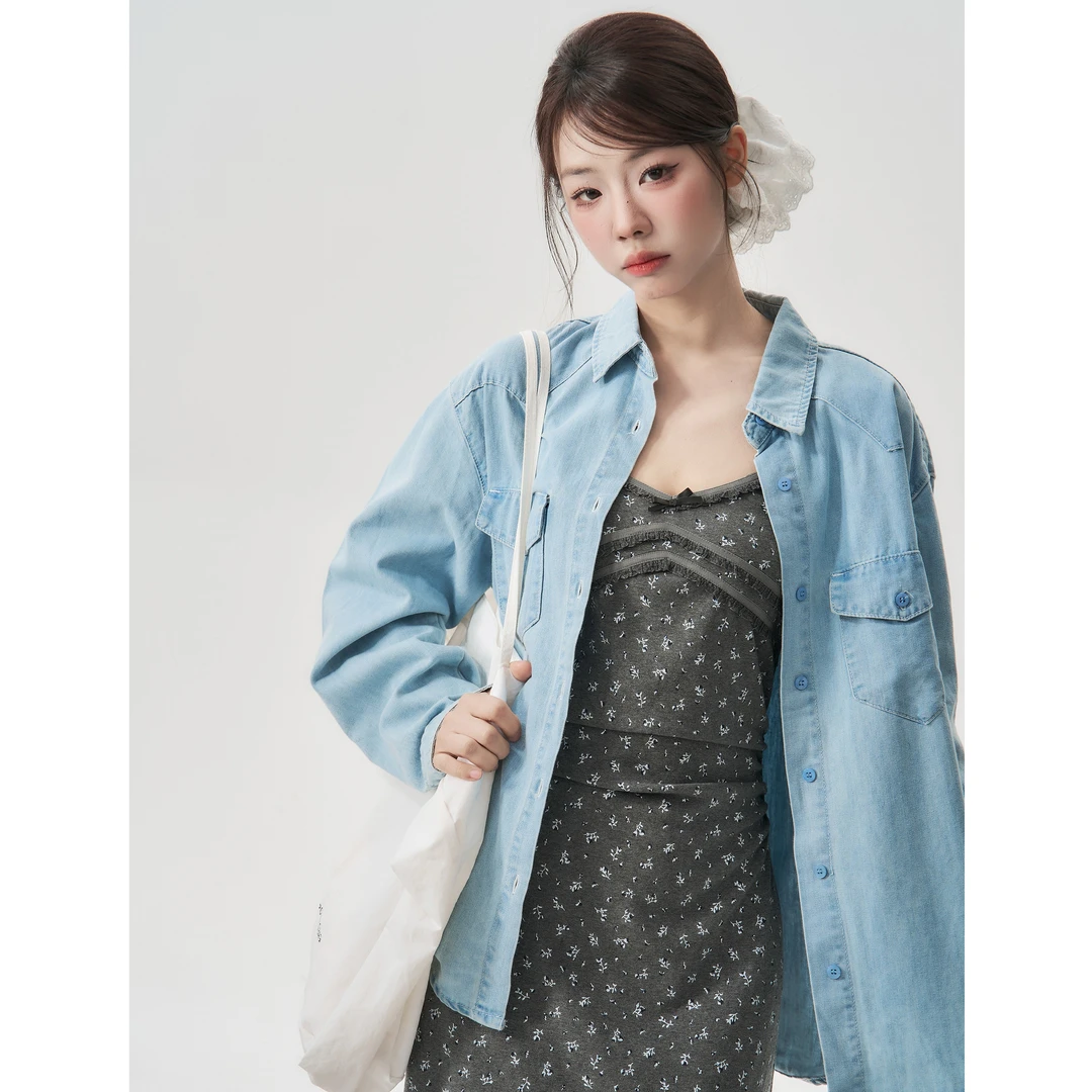 【小野莓】春季翻领气质宽松休闲工装洋气长袖牛仔衬衫外套BC96998