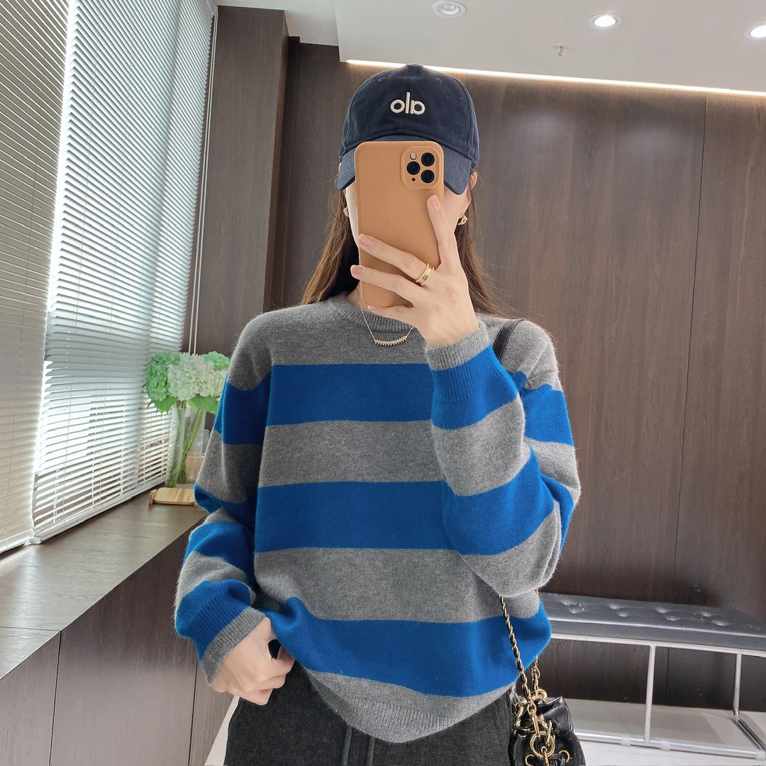 IMFLY金小金自制女装 针织衫DYW9982秋冬撞色条纹圆领毛针织衫