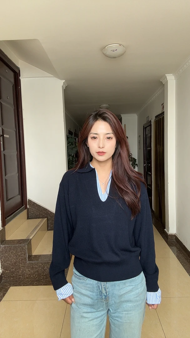 韩系假两件撞色拼接条纹针织衫女