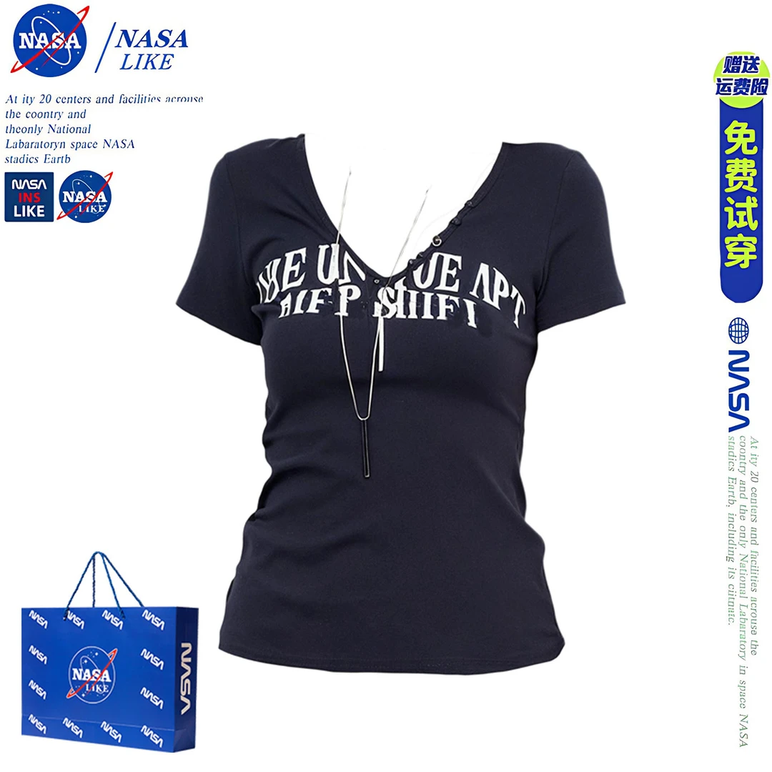 NASA美式辣妹V领正肩短袖T恤女夏季2025新款设计感修身藏青色上衣