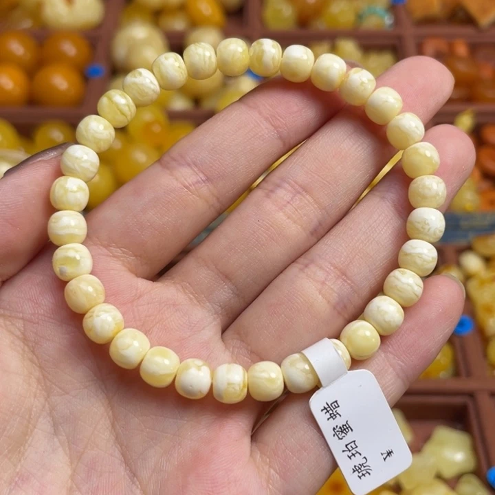 蜜蜡未镶嵌珠宝奇石瓷白虎皮妖花老型手串6+