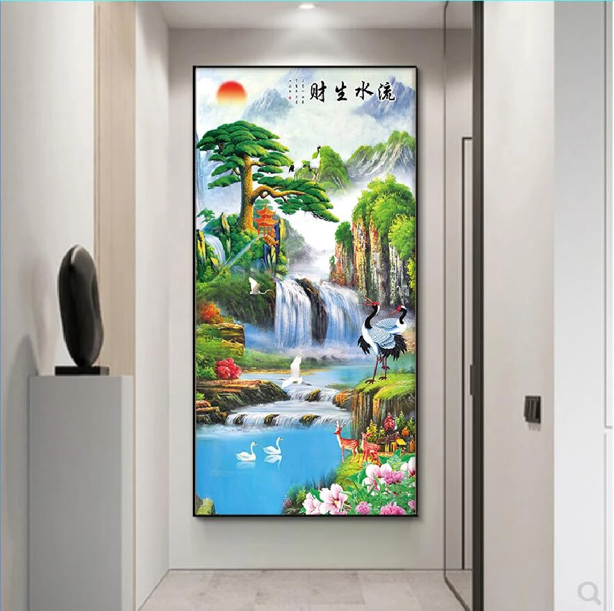 流水生财山水画玄关家居装饰画过道走廊挂画