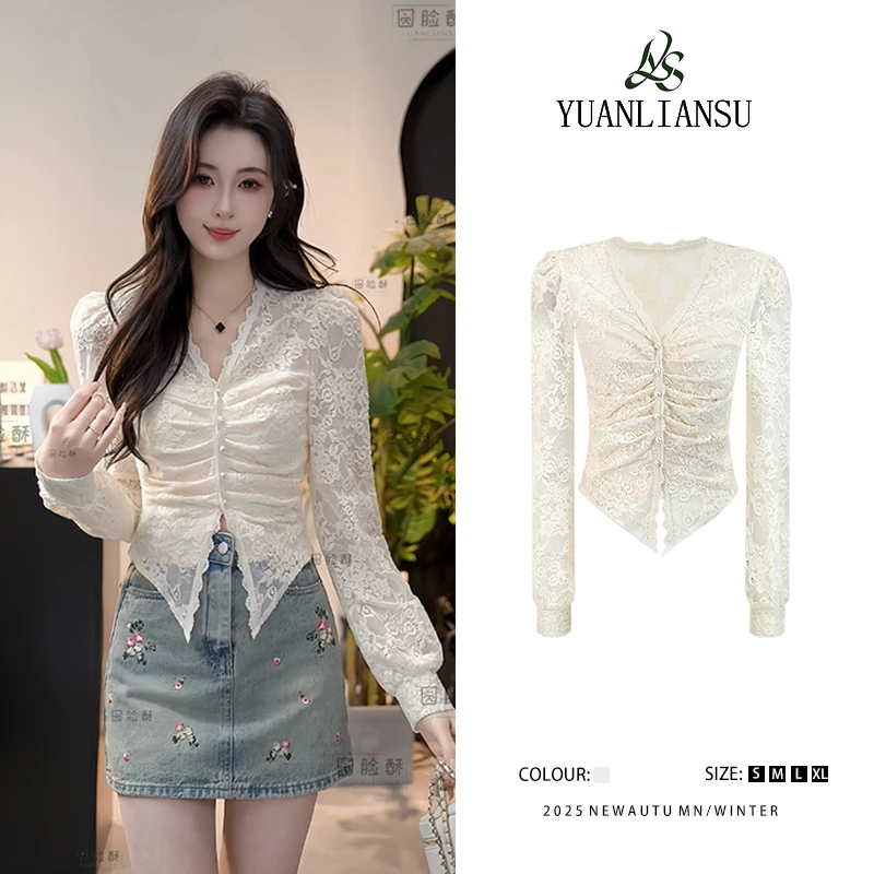 YUANLIANSU/圆脸酥【霜月薄纱】法式镂空蕾丝长袖百搭气质衬衫上衣