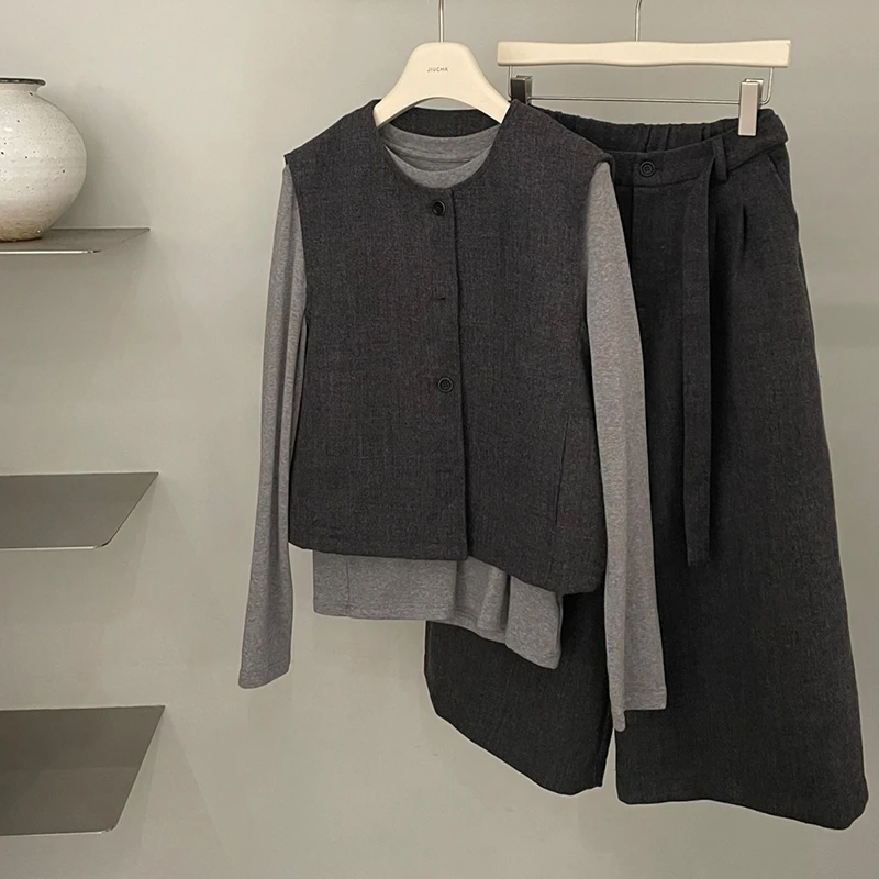 单排扣无袖马甲长袖打底衫阔腿裤套装女2025春秋季时尚新款三件套