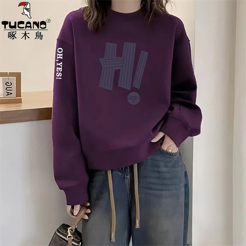 啄木鸟纯棉法式加绒卫衣女士时尚百搭韩版宽松外穿气质休闲无帽衫