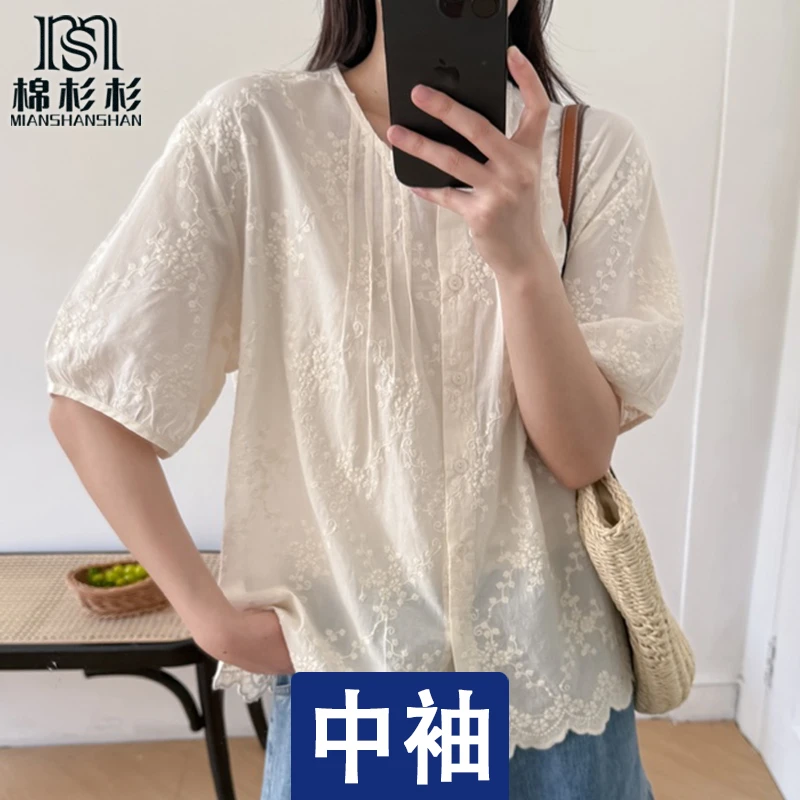提花刺绣圆领花边蕾丝下摆 纯棉中袖夏季领口捏褶 宽松遮肉衬衣